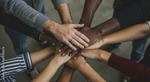 Unity and teamwork concept with diverse hands joined together