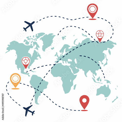 World map travel route airplane journey global destinations