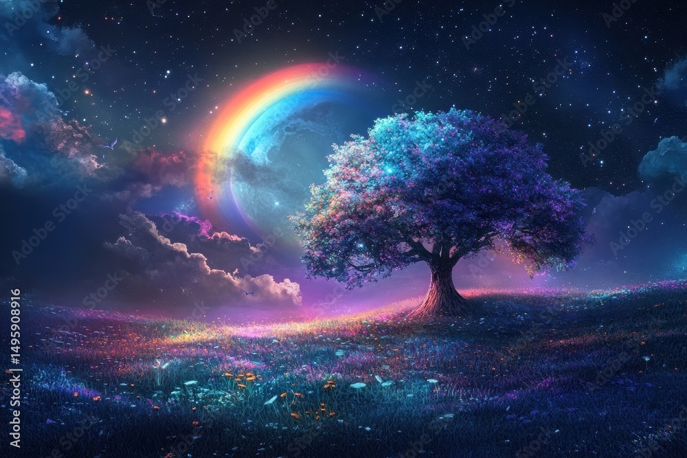 Fototapeta premium Enchanting Nightscape: Radiant Moonlit Fantasy with Colorful Rainbows and Dreamy Trees Beneath a Starry Sky