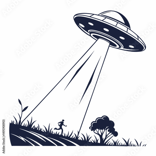 Ufo abduction scene rural landscape alien spaceship man running away