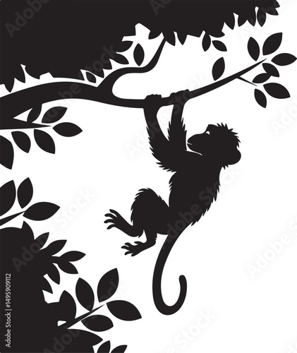 Silhouette of Monkey Hanging from Tree Branch in Jungle