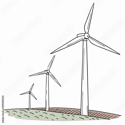 Three wind turbines on a hillside generating clean energy