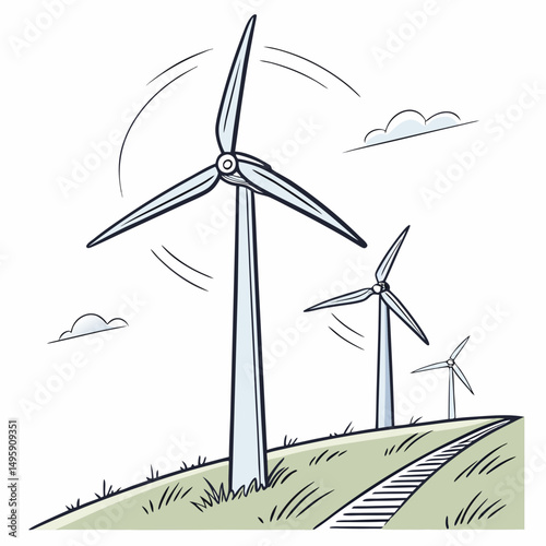 Wind turbines spinning in a grassy field renewable energy