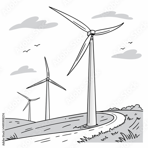 Wind turbines generating clean energy on a hilly landscape