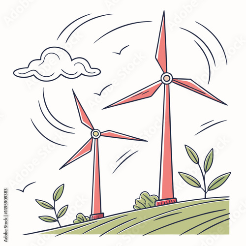 Two wind turbines generating clean energy on a hillside