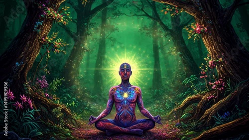 Human figure meditating in a lush forest scene radiating energy from the body's chakra points, spiritual healing and wellness journey concept footage.