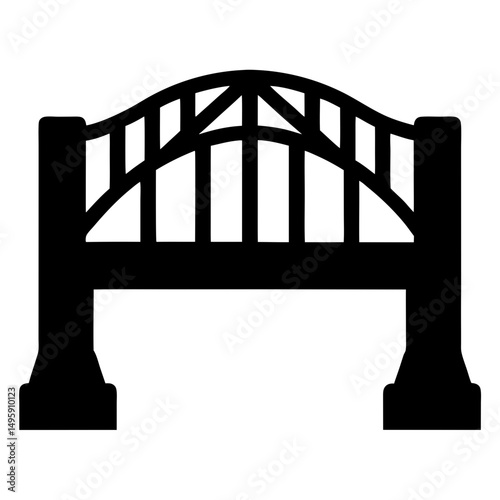 Stylized black silhouette illustration of an arched bridge with complex supports