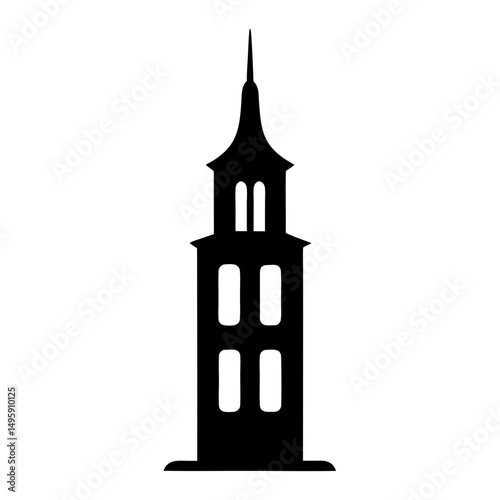 Monochrome silhouette of a church steeple with decorative windows and spire