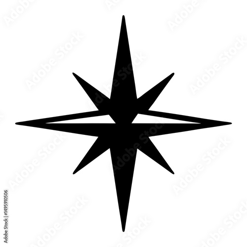 A simple eight pointed star in black silhouette on white background