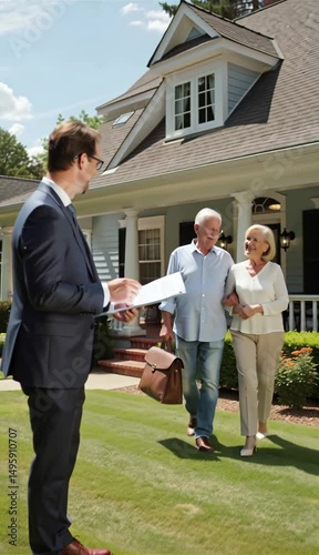 Positive male realtor shows country house to buyer from outside