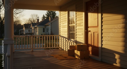 Warm sunset on porch with delivered packages for residential neighborhood home living