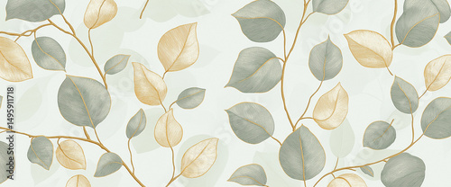 A seamless pattern with gold foil line art leaves, their surfaces reflective and mesmerizing.