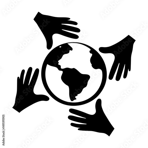 Four hands surrounding the world symbolizing environmental protection and global unity