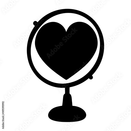 A Black and White Globe Featuring a Heart Instead of a Continent