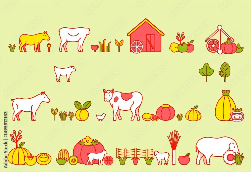 Obraz premium Editable line icons depicting farming, agriculture, farm animals, equipment, and produce Perfect for mobile apps and infographics, pig, corn