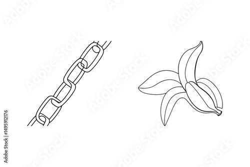 Outline illustration of a chain segment adjacent to a partially peeled banana fruit