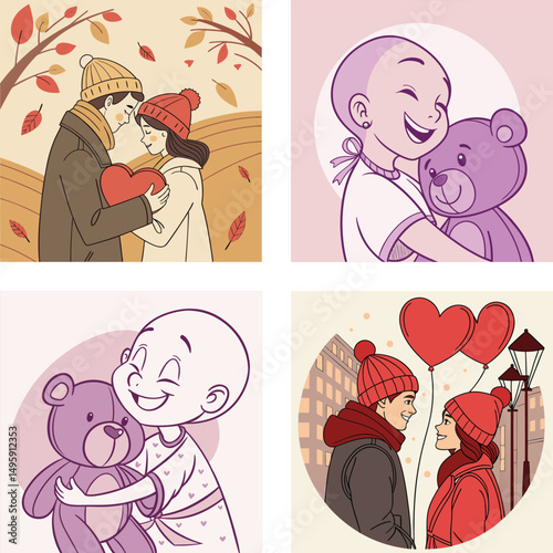 Four heartwarming illustrations depicting love and affection in various settings