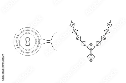 Black and white line art depicting a keyhole and diamond necklace illustration