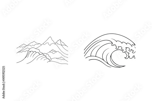 Minimalist mountain range and wave illustrations in a simple black and white artistic design