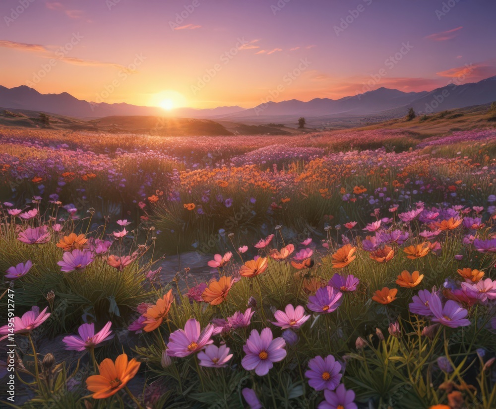 Obraz premium Sunrise over rolling cosmos, hues of purple and orange, art, countryside, sunrise