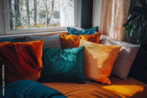 Colorful Throw Pillows and Cozy Sofa Interiors – Modern Home Decor Photography. AI generative.