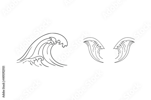 Japanese wave art outlines in black and white perfect for decorative designs