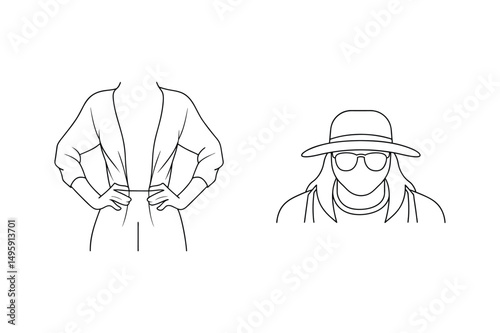 Stylish outline illustrations featuring a person in casual attire and another with a hat
