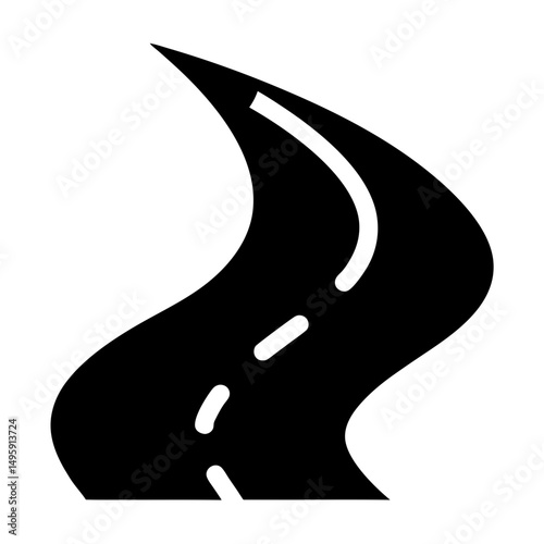 Curvy road illustration with dashed center line and black fill style