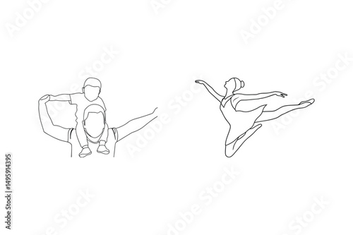 Father carrying a son on his shoulders and graceful ballerina line art vector illustration.