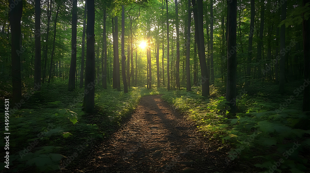 Fototapeta premium Sunlight filtering through a dense forest path.