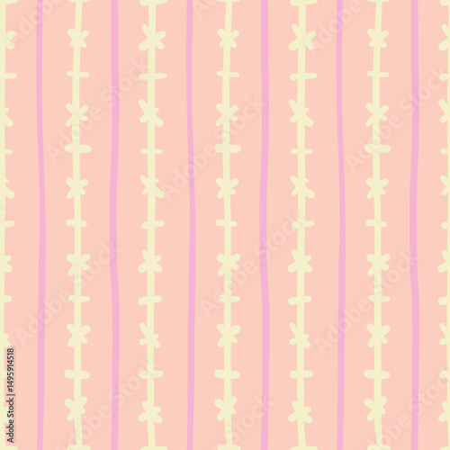Crosses and stripes seamlessly pattern vector. Vertical doodle lines graphic illustration wrapper in yellow and pink over orange.