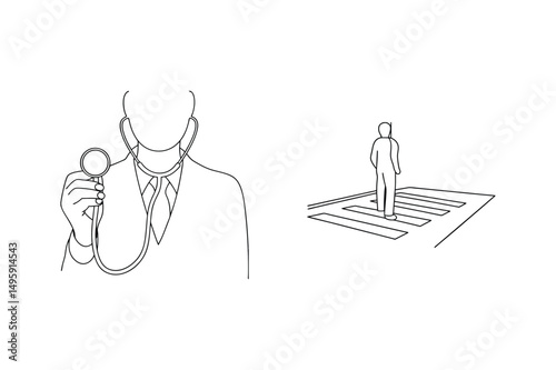 Minimalist line art depicting healthcare professional and pedestrian in a black and white setting