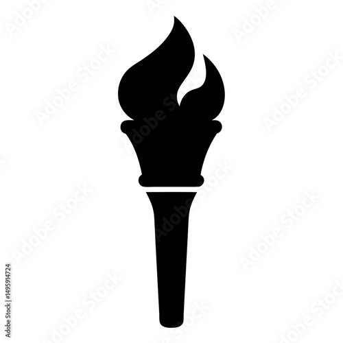 Single Black Torch with a Bright and Powerful Flame on White Background