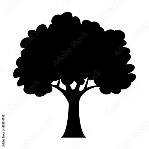 Monochrome silhouette of a full tree with a rounded, leafy canopy