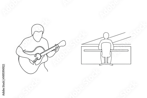 Minimalist line drawing of a guitar player and a person working at a desk