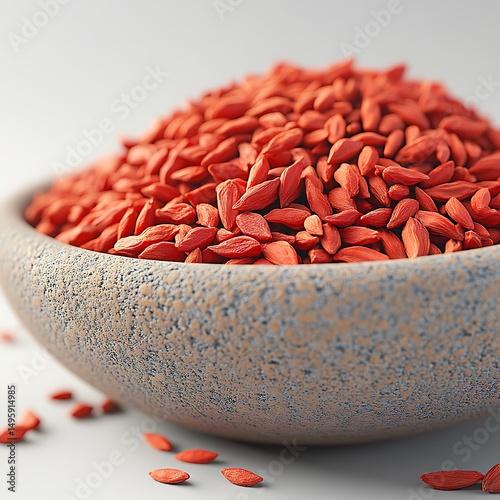 Close up high resolution photo of fresh and vibrant goji berries overflowing a stone bowl