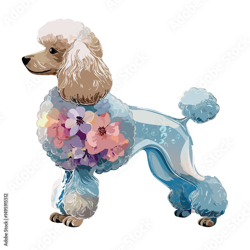 a translucent poodle figurine, likely made of resin or glass, with delicate dried pink, purple, and white flowers embedded inside.