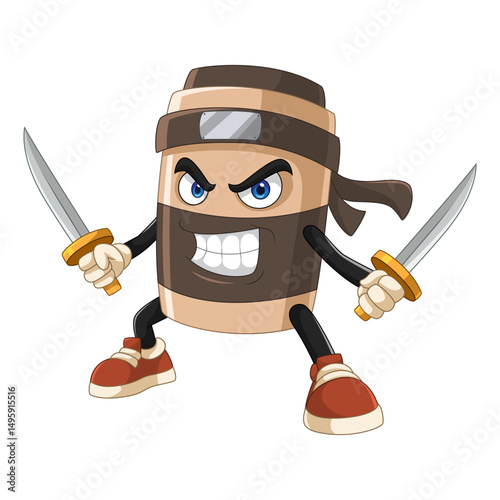 Ninja cartoon cappuccino carrying sword