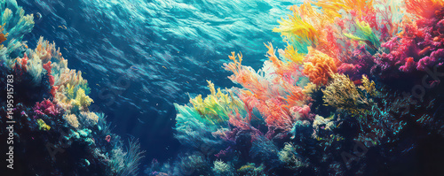 Whimsical underwater seascape, showcasing vibrant corals and algae swaying in the ocean currents