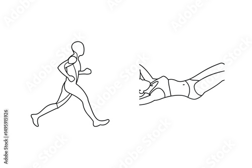 Simple line drawing of runner and person relaxing on a white background