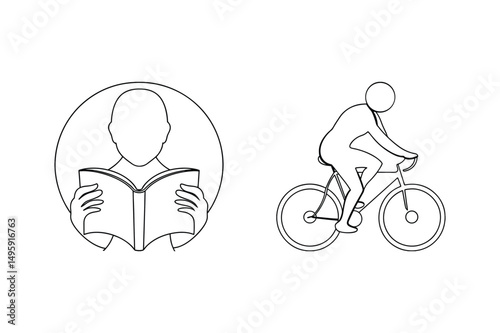 Outlined illustrations of reading and cycling depicting recreation and leisure activities