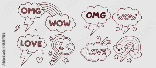 Comic boom cartoon effect line element set. Comic speech bubble pow, boom text, explosive splash smoke, wow cartoon vector icon. Hand drawn sketch doodle explosive element. Vector illustration. EPS