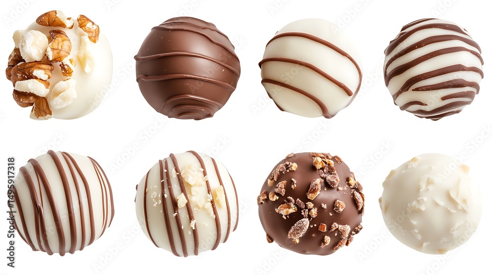 Fototapeta premium Assorted Gourmet Chocolate Truffles Collection on White Background, Sweet Confectionery