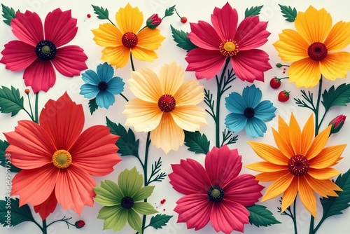 Bold, stylized blossoms arranged in a square grid , illustration, minimal