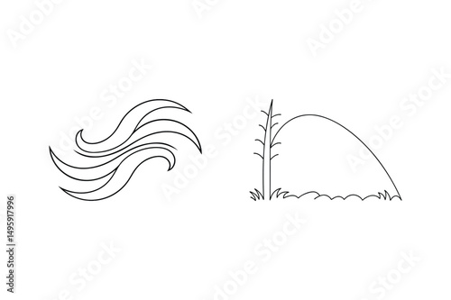 Minimalist black and white illustration of wind and plant swaying in the breeze