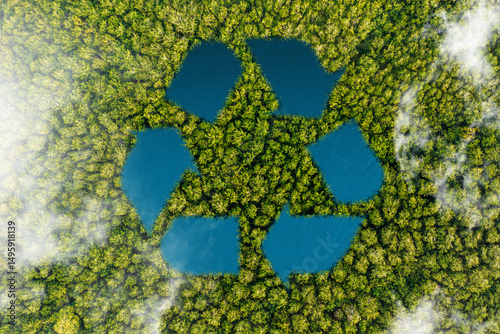 Recycled signage concept amidst the natural beauty of the natural environment. Ecological metaphor for ecological waste management and sustainable and frugal lifestyles. Recycle symbol lake.