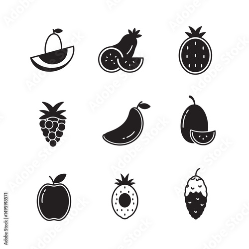 Nine simple black fruit icons set graphic design
