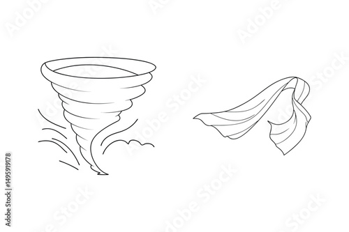 Minimalist line art illustration of a tornado and windblown fabric against a white background