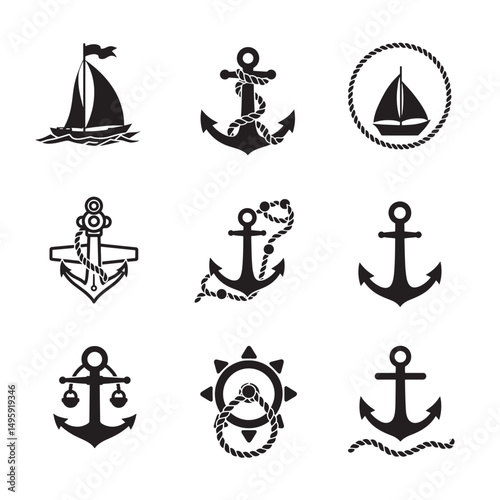 Nautical anchors sailboat rope icons set graphics