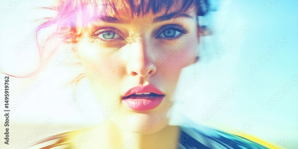 Obraz premium Creative Fashion Portrait with Motion Blur and Neon Colors